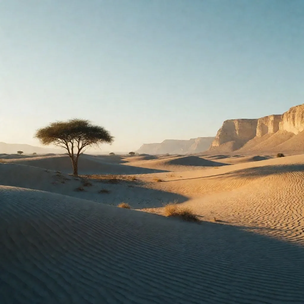 Winter desert landscape with low golden light and clear sky
